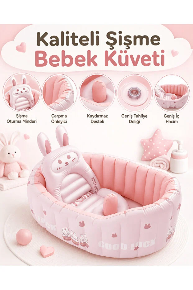 Bebek Küveti Tavşan Figürlü 0-3 Yaş Portatif Gider Tıpalı Bebek Banyo Küveti